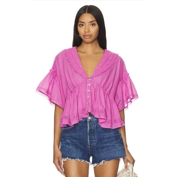 Free People Tops - Free People Bella Blouse Cutwork Boho Cottage Hippie Fiji Flower Pink Top Large